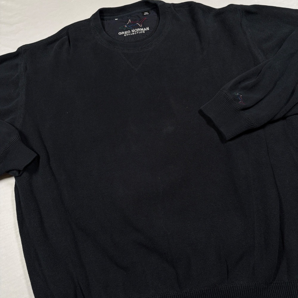 Greg Norman Collection Sweater Mens XL Crewneck Black Cotton Shark Logo EUC
